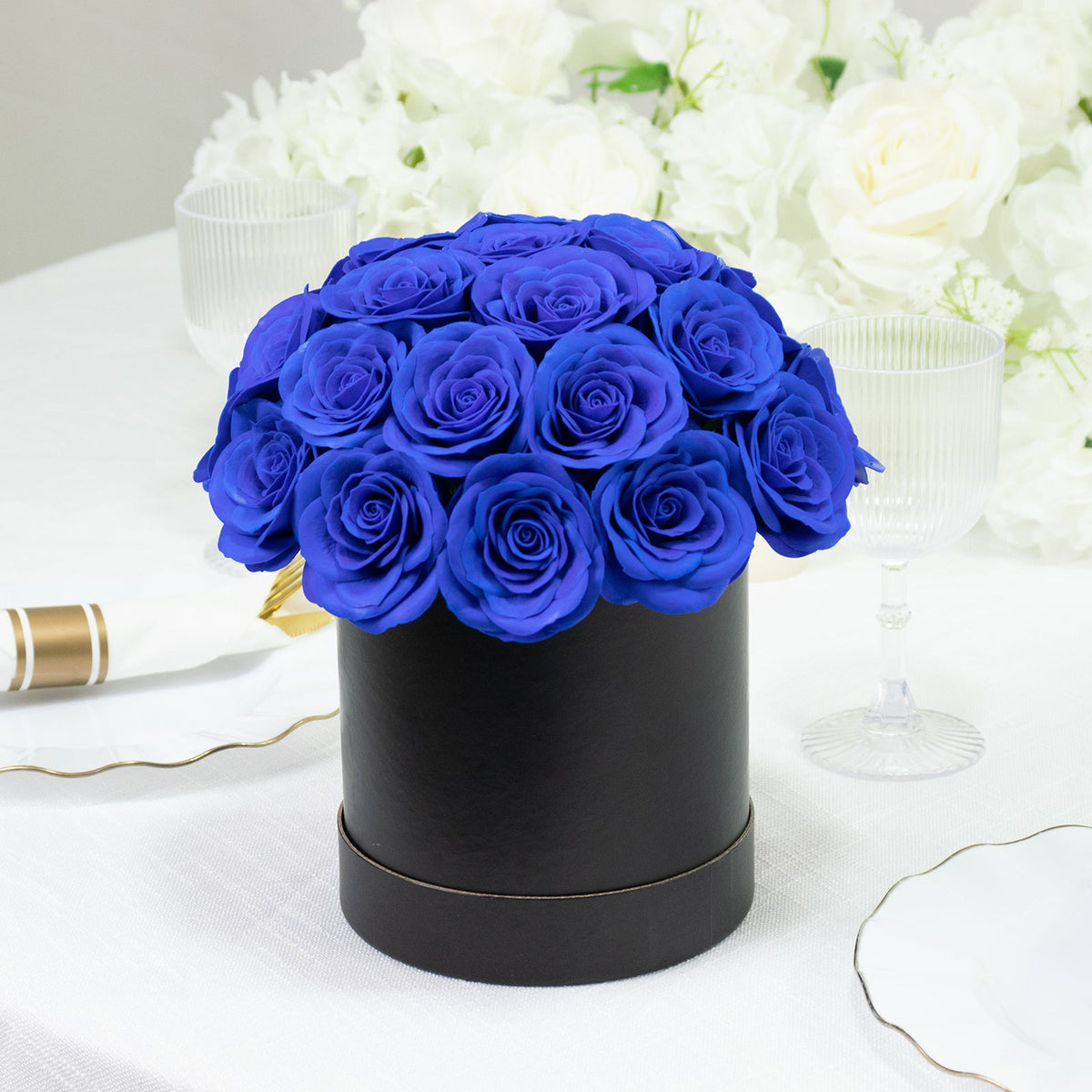 Royal Blue Prearranged Rose Centerpiece Arrangement, 27pcs Roses with Black Round Gift Box