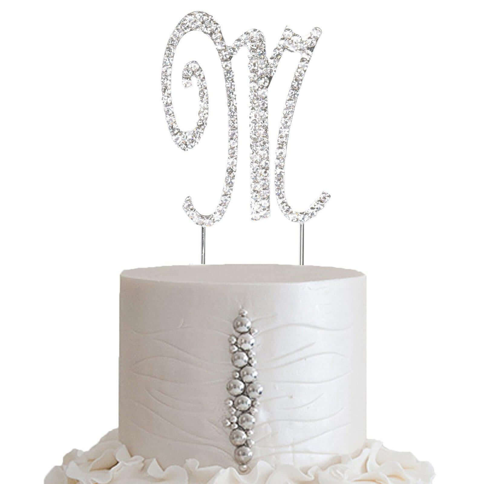 Rhinestone Cake Toppers Silver Monogram Letter and Number Design - Decorative Wedding Cake Decorations 2.5"
