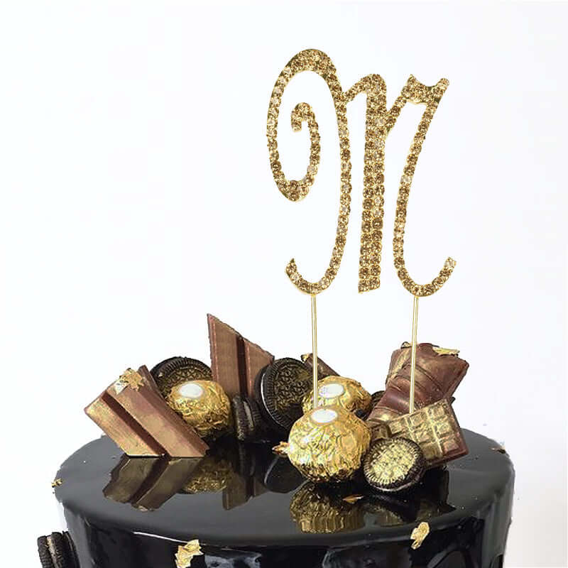 Rhinestone Cake Toppers Gold Monogram Letter and Number Design - Stylish Wedding Cake Decorations 2.5"