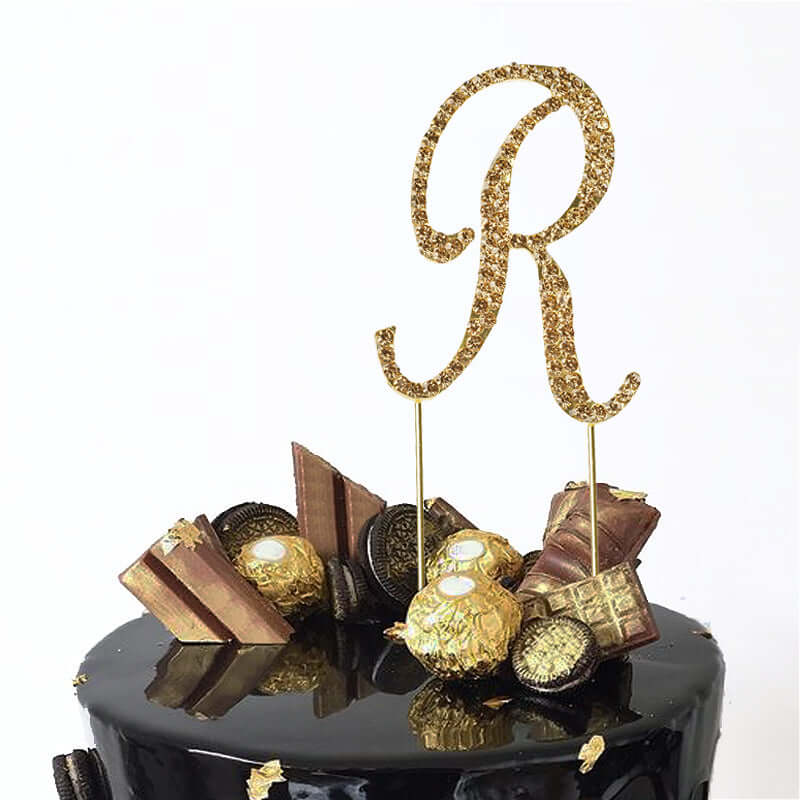 Rhinestone Cake Toppers Gold Monogram Letter and Number Design - Stylish Wedding Cake Decorations 2.5"