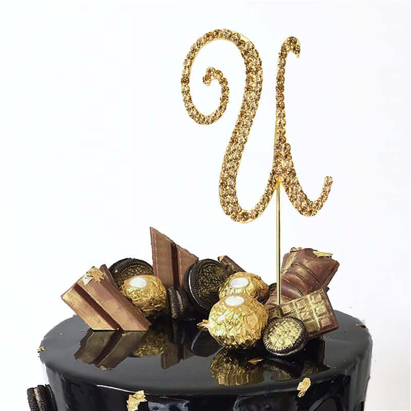 Rhinestone Cake Toppers Gold Monogram Letter and Number Design - Stylish Wedding Cake Decorations 2.5"