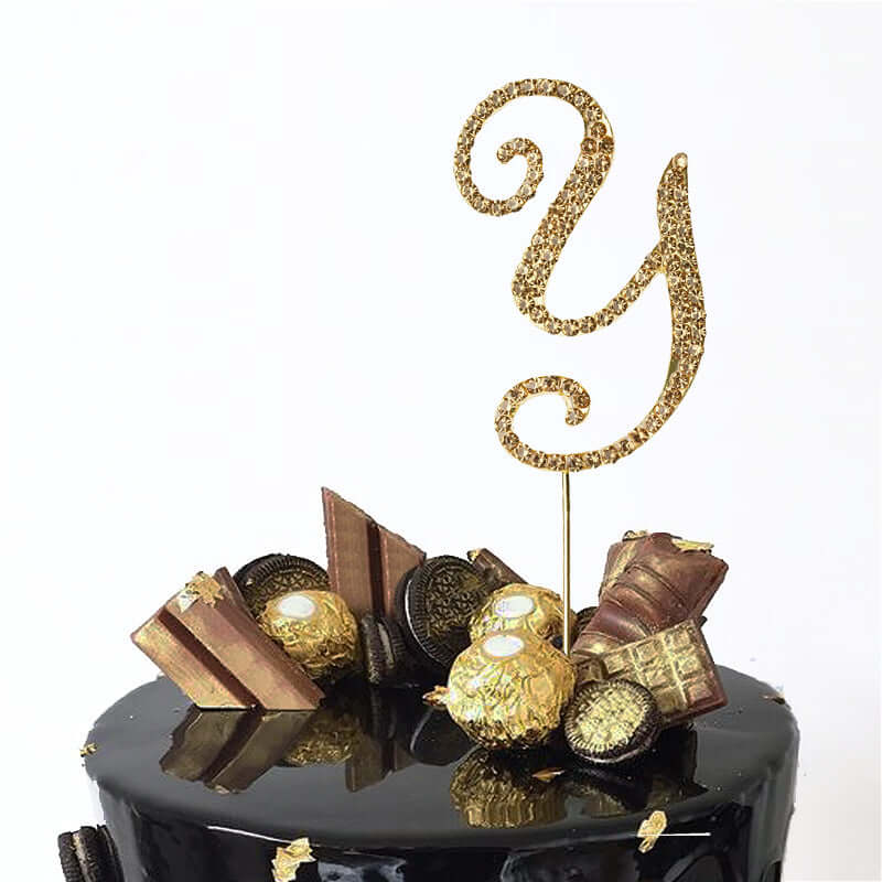 Rhinestone Cake Toppers Gold Monogram Letter and Number Design - Stylish Wedding Cake Decorations 2.5"