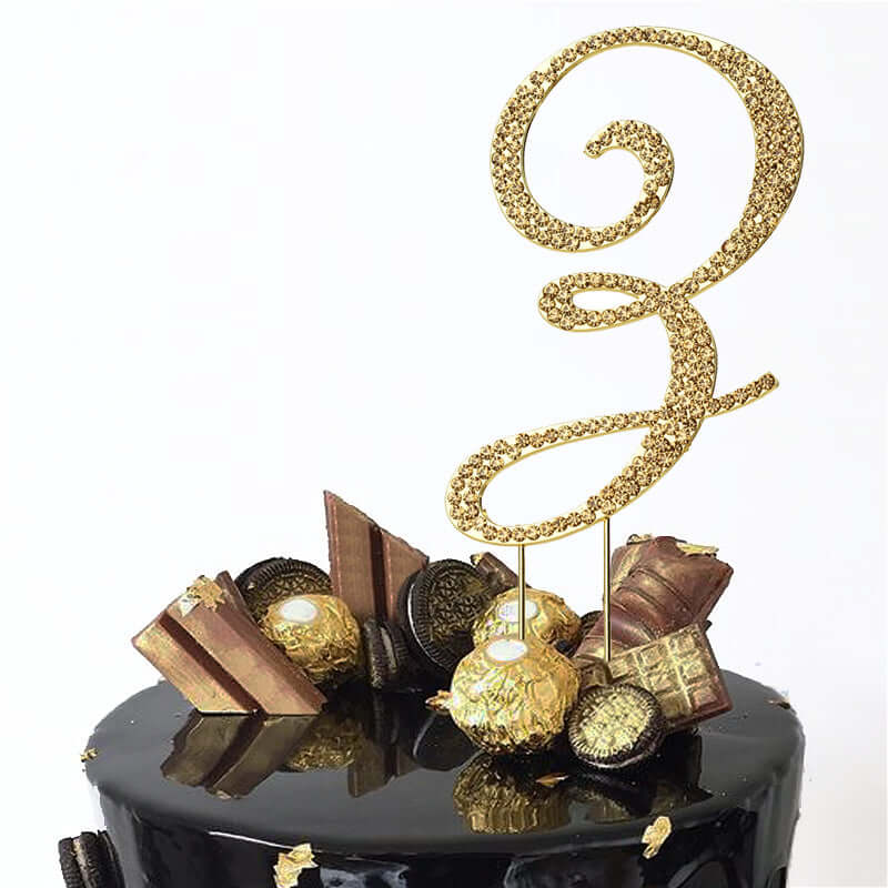Rhinestone Cake Toppers Gold Monogram Letter and Number Design - Stylish Event Cake Decorations 4.5"