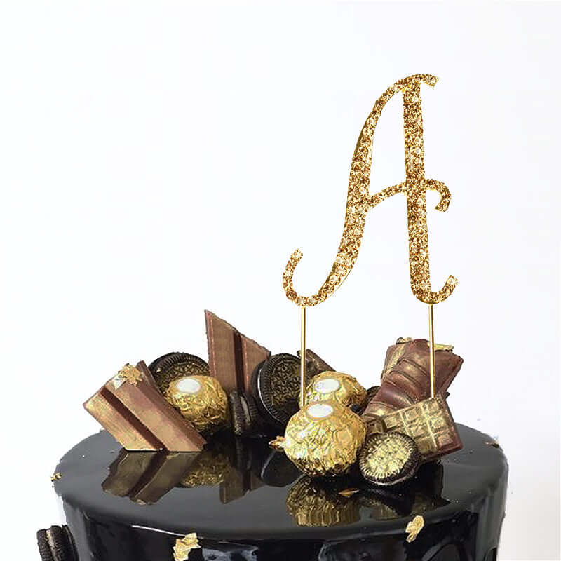 Rhinestone Cake Toppers Gold Monogram Letter and Number Design - Stylish Wedding Cake Decorations 2.5"